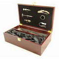 Rosewood Finish Wine Presentation Box Gift Set with two wine glasses and tools